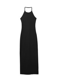 Robe maxi noire à encolure halter, fabriquée en tissu lisse, avec un corsage ajusté et une jupe droite, longue jusqu'au sol, pour une silhouette épurée.