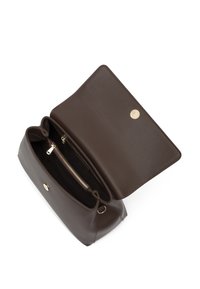 Brown leather handbag with a gold metal snap closure, features a zippered inner pocket, and a smooth texture. Open view displays interior space.