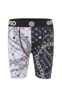 Zwart-witte herenboxershorts met meerkleurige RD- en kettingpatronen, zwarte tailleband met witte PSD-logo's.