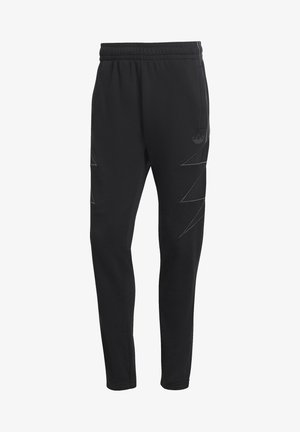 Pantalons de sport noirs avec une taille élastique, coupe fuselée et de subtils motifs en lignes diagonales sur les côtés. Fabriqués en tissu doux.