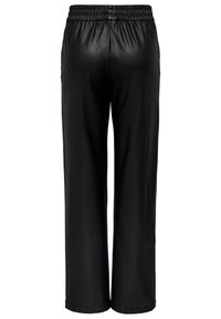 Pantalons larges en simili cuir noir avec une taille élastique. Texture lisse, design long et sans poches ni embellissements visibles.