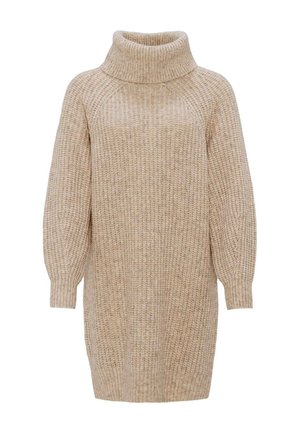 Gebreide turtleneck jurk in beige met een geribbelde textuur, met lange poffende mouwen en een losse, ontspannen pasvorm.