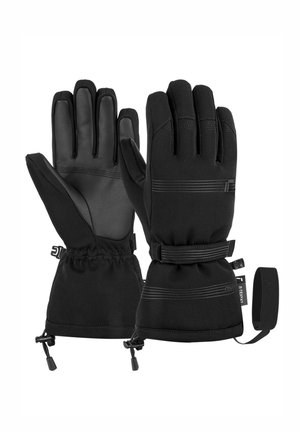 Black winter gloves made of fabric and leather, featuring reinforced fingertips, an adjustable wrist strap, and elastic cuffs for a secure fit.