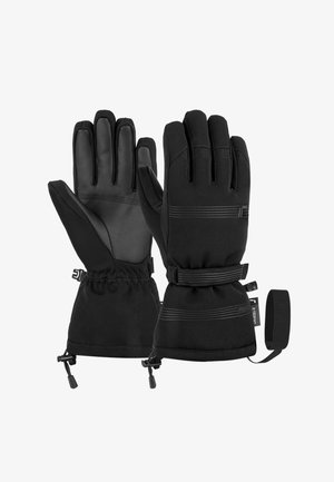 Schwarze Winterhandschuhe aus Stoff und Leder, mit verstärkten Fingerspitzen, einem verstellbaren Handgelenkriemen und elastischen Bündchen für einen sicheren Sitz.