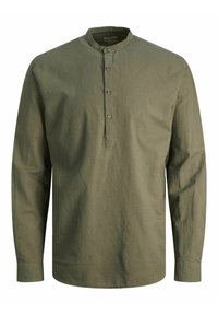 Chemise à manches longues vert olive avec col mao et patte de boutonnage à trois boutons, en tissu léger.