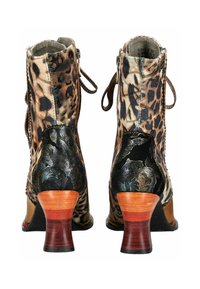 Pair of mid-heel ankle boots with leopard print fabric, black textured heel counters, and wooden stacked heels, viewed from the back.