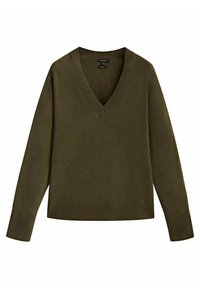 Olijfgroen v-hals trui gemaakt van zachte stof, met ribgebreide manchetten en zoom, in een relaxte pasvorm en een minimalistisch ontwerp.