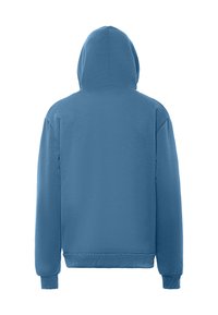 Sudadera con capucha azul que presenta una textura suave, mangas largas, puños acanalados y un dobladillo. La vista trasera muestra un diseño sin costuras sin logotipos visibles.