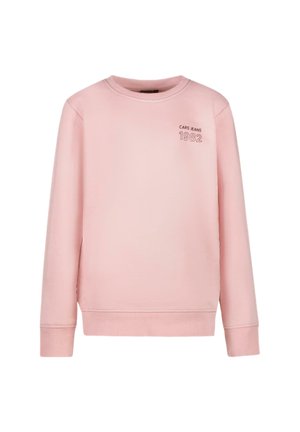 Lichtroze sweatshirt met ronde hals en ribgebreide manchetten, met de tekst "CARS JEANS 1982" op de borst. Eenvoudig en casual ontwerp.