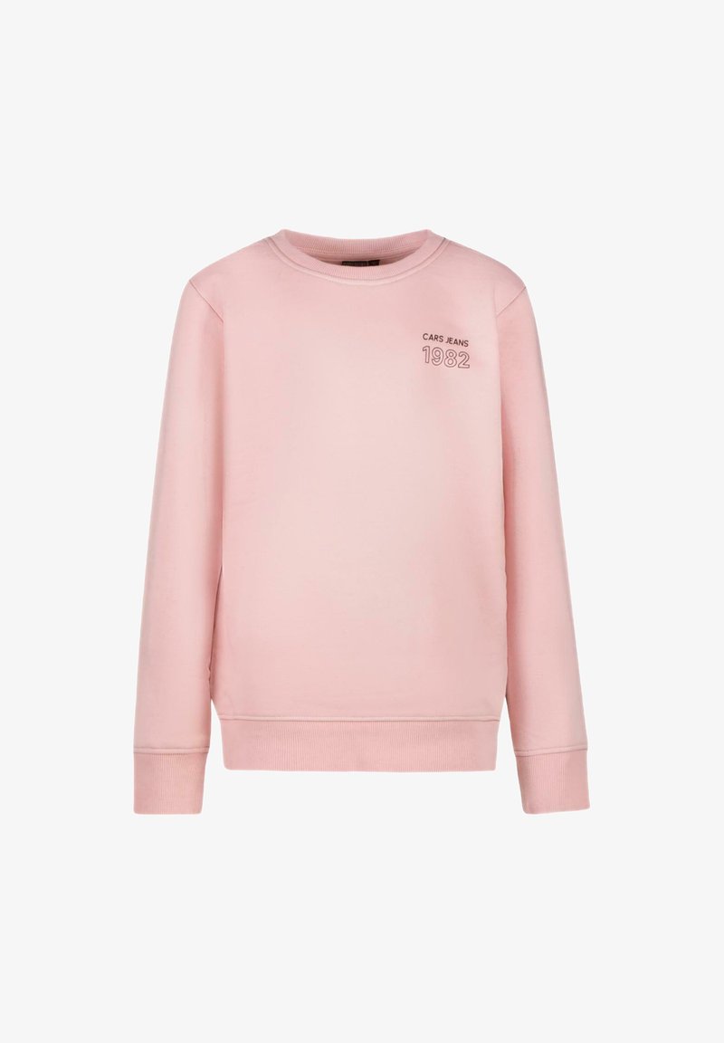 Lichtroze sweatshirt met ronde hals en ribgebreide manchetten, met de tekst "CARS JEANS 1982" op de borst. Eenvoudig en casual ontwerp.