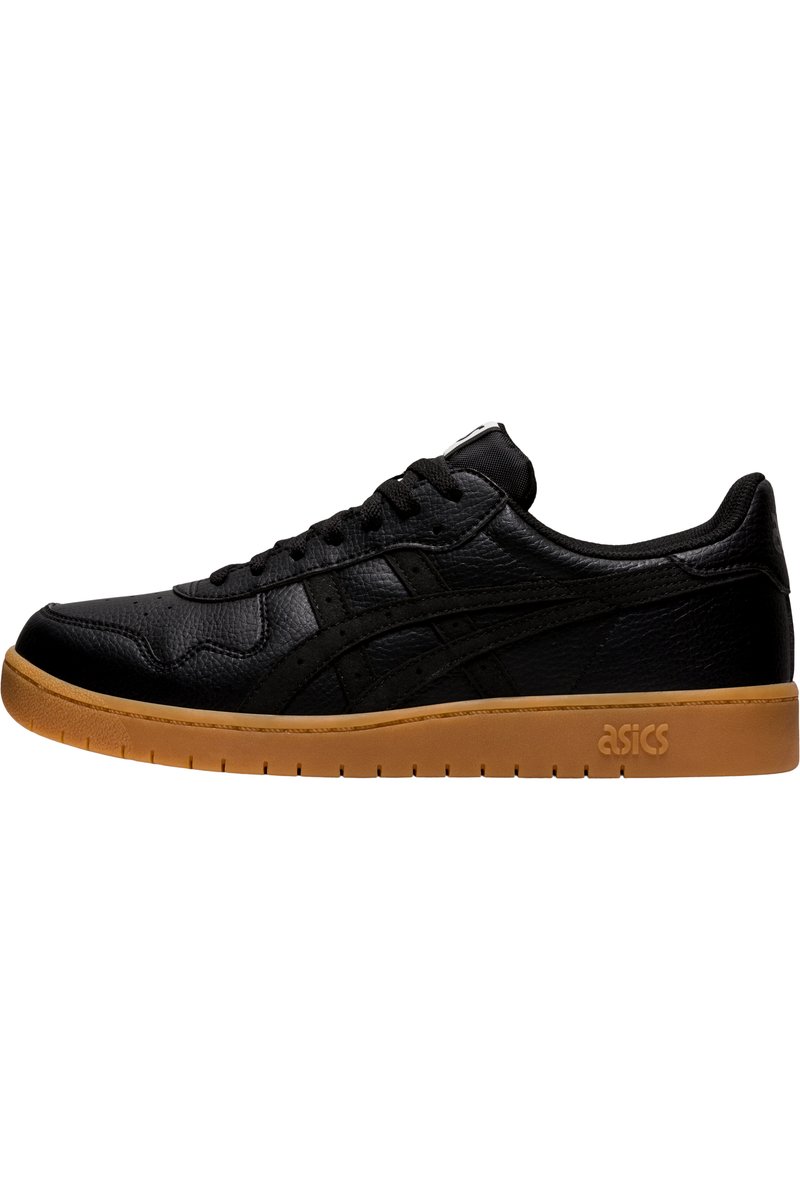 Black leather sneaker with a smooth texture, featuring black laces, a gum rubber sole, and the Asics logo embossed on the side.