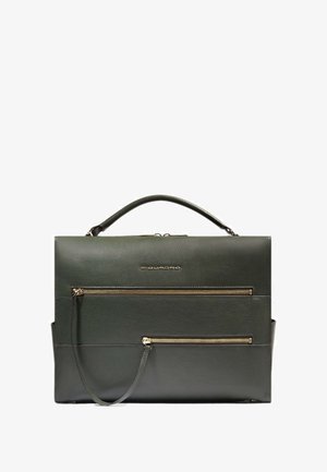 Dark green leather briefcase with top handle, two horizontal gold zippers on the front, and a slim wrist strap attached to the lower zipper.