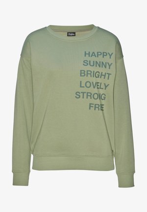Lichtgroene sweatshirt met een ronde halslijn, verlaagde schouders en geribbelde manchetten, met verticale bedrukt tekst in donkergroen.