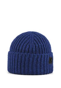 Blue knitted beanie with a ribbed texture, featuring a rolled-up brim and a black tag with a maple leaf logo on the side.