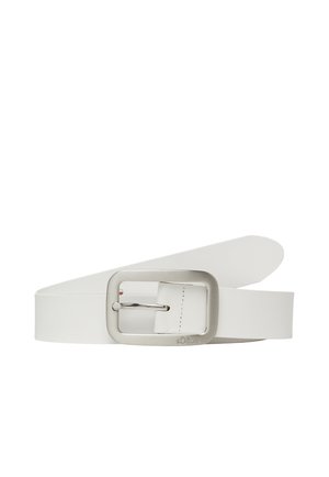 Weißer Ledergürtel mit rechteckiger silberner Metallschnalle, mit einem Dorn und einer genähten Befestigungsschlaufe.