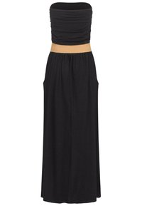 Svart stroppeløs maxikjole med rynket bol. Elastisk midje og lommer. Laget av myk stoff, som gir en flytende silhuett.