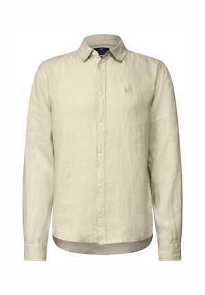 Lyse beige langærmet skjorte i linned med krave med knapper, frontplacket og et lille broderet logo på brystet. Glat tekstur.