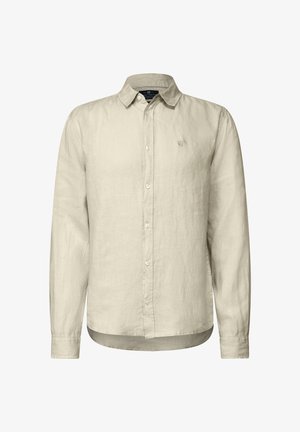 Licht beige langemouwen shirt van linnen met een button-down kraag, een knoopsluiting aan de voorkant en een klein geborduurd logo op de borst. Glad oppervlak.