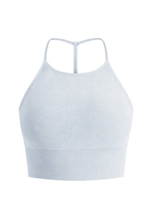 Lichtblauwe sportbh met een soepele textuur, hoge halslijn en criss-cross rugbandjes. Beschikt over een geribbelde band aan de onderkant.