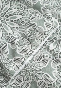 Tessuto in pizzo di un verde chiaro con intricati motivi floreali bianchi. Include una trama di pizzo dettagliata e motivi elaborati.