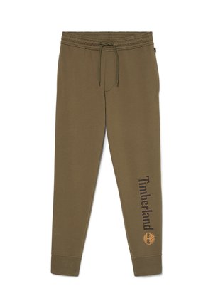Oliwkowe spodnie dresowe z elastycznym paskiem, regulowanym sznurkiem, kieszeniami bocznymi i nadrukowanym logiem Timberland w czerni i pomarańczy.