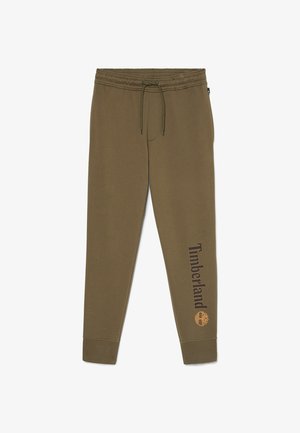 Olive green jogger pants with an elastic waistband, adjustable drawstring, side pockets, and a Timberland logo printed in black and orange.
