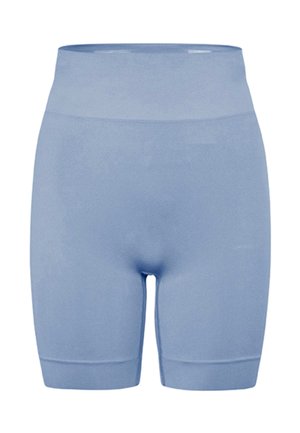 Lichtblauwe, hooggetailleerde, naadloze biker shorts met een lengte tot halverwege de dij en een gladde, rekbare stoftextuur.