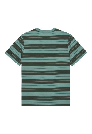 Kortærmet t-shirt med vekslende mørkegrønne og lyseblå horisontale striber; blødt stof med klassisk rund halsudskæring og lige kant.