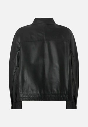 Giacca in pelle nera liscia con cuciture dritte, maniche lunghe e collo corto, mostrata da dietro su uno sfondo semplice.