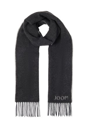 Sciarpa di lana grigio scuro con estremità sfrangiate e logo discreto "JOOP!" vicino a un bordo sfrangiato, piegata a forma di anello.