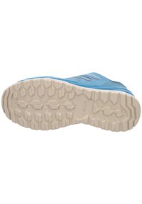 Lichtblauwe sportschoen met een gestructureerde rubberen loopzool met diepe groeven voor grip. Zijkanten in het rood, gemaakt van ademend materiaal.