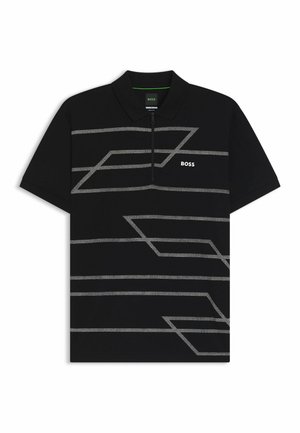 Polo noir avec un zip quart, motif rayé gris et un petit logo blanc. Fabriqué en tissu doux et texturé.