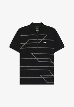 Polo nero con zip a quarto, motivo a righe grigie e piccolo logo bianco. Realizzato in tessuto morbido e testurizzato.