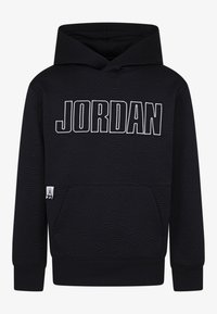 Felpa con cappuccio nera, caratterizzata da un motivo geometrico testurizzato, con la scritta "JORDAN" in lettere bianche e una tasca a marsupio. Cappuccio regolabile con cordino.