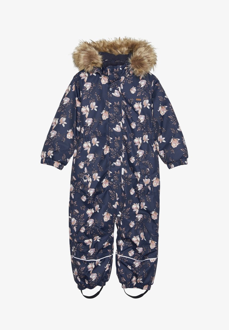 Combinaison de neige pour enfants bleu marine avec imprimé floral rose, bordure de capuche en fausse fourrure, poignets élastiques et sangles pour les pieds, conçue pour l'hiver.