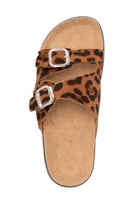 La sandale à glissière à motif léopard marron présente deux brides réglables avec des boucles en métal argenté et une semelle en caoutchouc durable. Texture douce semblable à du daim.