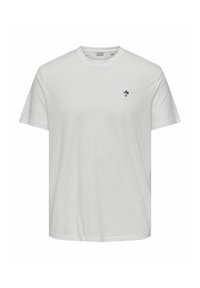 White cotton t-shirt with a crew neck, featuring a small multi-colored embroidered flower design on the left chest. Short sleeves and relaxed fit.