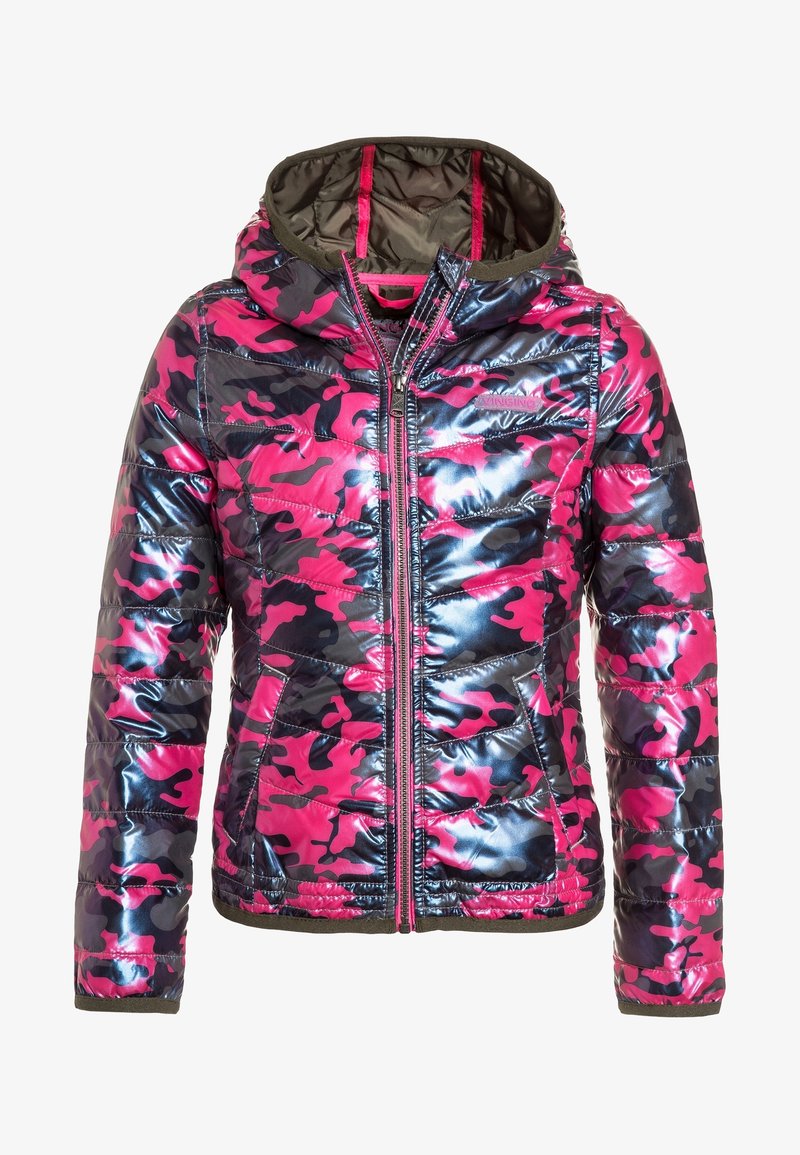 Doudoune brillante en motif camouflage rose et noir, dotée d'une capuche, d'une fermeture éclair et d'accents contrastants en vert foncé.