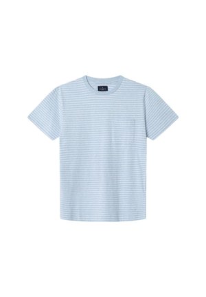 Ljusblå kortärmad t-shirt med vita horisontella ränder. Har en rundad halsringning och en liten bröstficka. Mjuk bomullsmaterial.