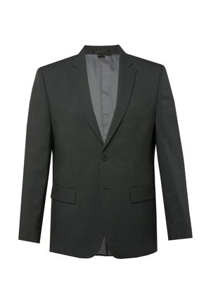 Donkergrijze colbert, met enkele knoopsluiting, notch revers, twee voorzakken en een gladde binnenvoering. Eenvoudige, op maat gemaakte silhouet.
