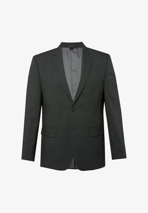 Ciemnoszara marynarka w garniturze, zapinana na jeden guzik, z klapami typu notch, dwoma przednimi kieszeniami i gładką podszewką. Prosta, dopasowana sylwetka.
