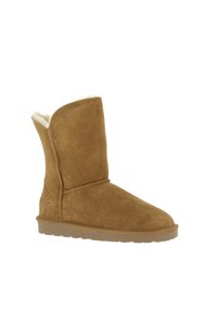 Mockasins i ljusbrunt mocka med shearling-foder, platt gummisula och rund tå, med en sömdetalj och övre kant.