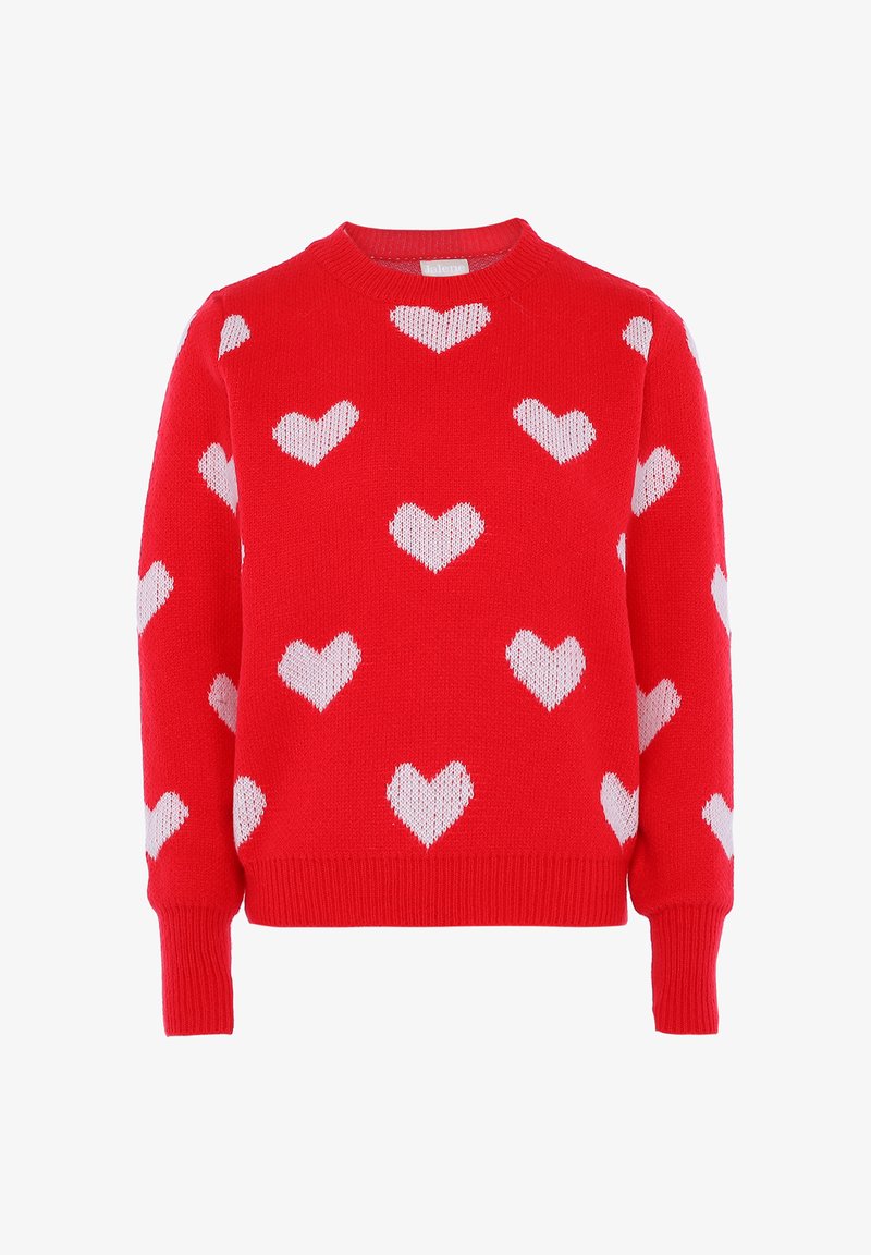 Piros pulóver fehér szívmintákkal, kerek nyakú, hosszú ujjú, bordás mandzsettával és alsó szegéllyel. A kötött textúra meleget és kényelmet biztosít.