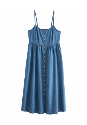 Robe sans manches en denim bleu avec fines bretelles et boutons sur toute la longueur du devant, du buste à l'ourlet.