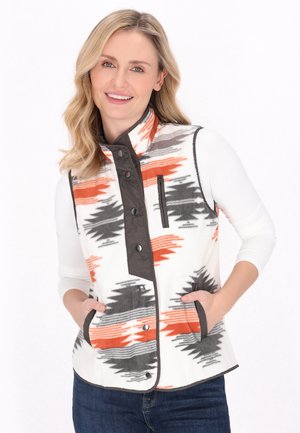 Fleeceweste mit mehrfarbigem Design in Orange, Grau und Weiß. Verfügt über eine Reißverschlusstasche, seitliche Taschen und einen Druckknopfverschluss vorne.