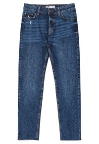 Vaqueros de mezclilla azules con un acabado desgastado, diseño de pierna recta, cinco bolsillos, cierre de botón y ligero detalle desgastado en la parte delantera.