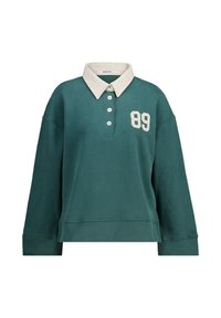 Pullover verde con colletto beige, dotato di una chiusura a tre bottoni e grande "89" bianco sulla parte anteriore. Tessuto morbido e casual, vestibilità ampia.