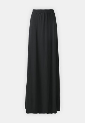 Black maxi skirt made of soft, stretchable fabric with an elastic waistband, featuring a flowy, A-line silhouette.