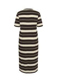 Black and white horizontal striped short-sleeve midi dress with a crew neckline, shown from the back on a white background.