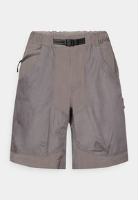 Gray outdoor shorts with elastic waistband, integrated black adjustable belt, front zippered pocket, and two side pockets.